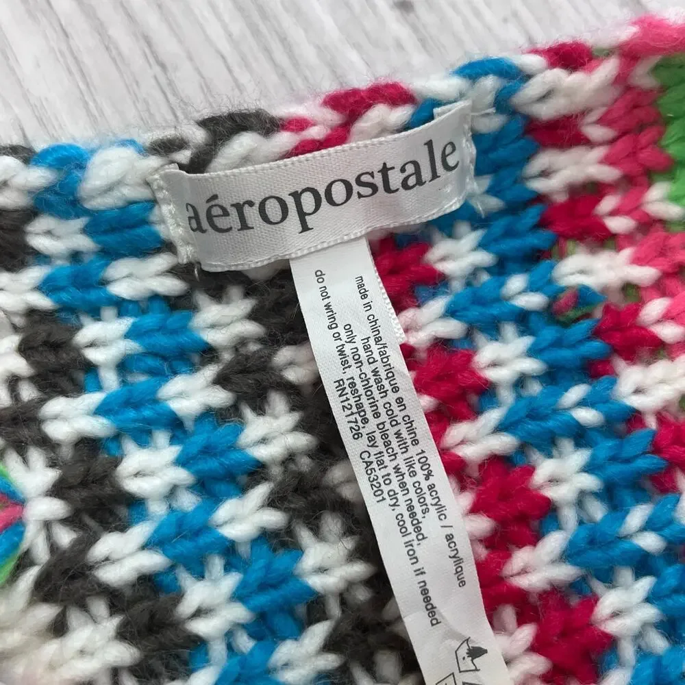 Aeropostale Bright Snowflake Hearts Fringed Acrylic Knit Scarf White Blue Green